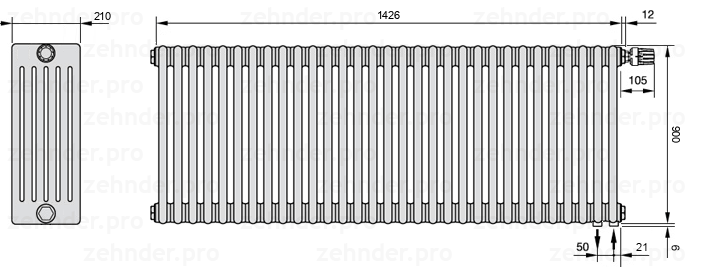 Схема (чертеж) Радиатор Zehnder Charleston 6090/31 №V002 Белый глянцевый RAL 9016